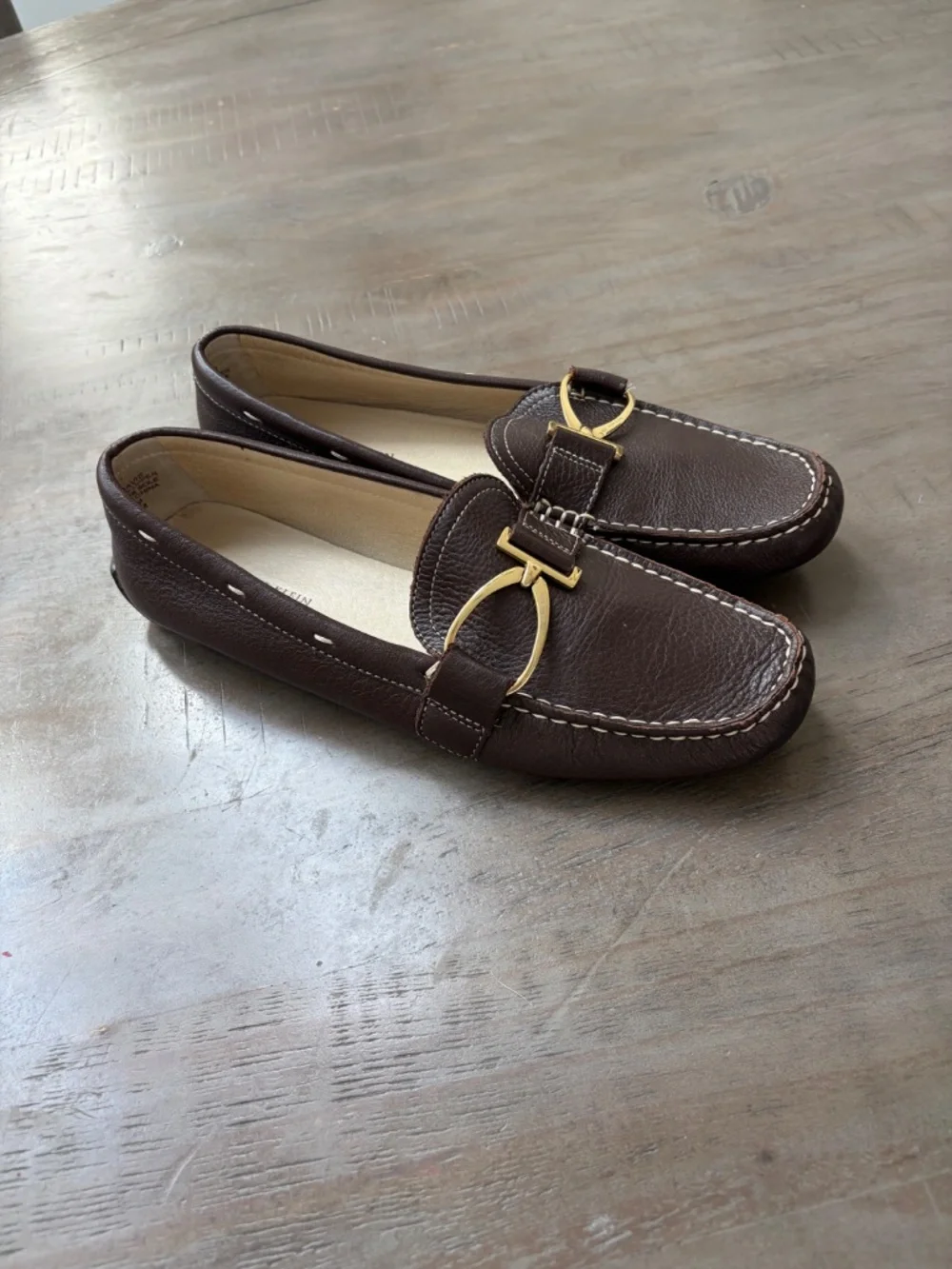 Ann Klein Davis Brown, Leather Loafers with Gold Buckle.